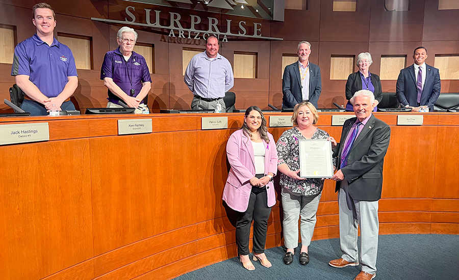 Mayor Hall presents a proclamation for Domestic Violence Awareness Month