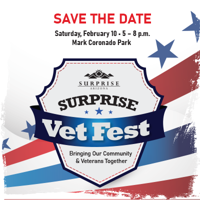 A patch with text reading Surprise Vet Fest Bringing Our Community and Veterans Together, Save the Date Saturday February 10, 5 - 8 pm Mark Coronado Park