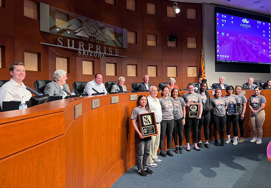 The OUAZ Women's Wresting team pose for a photo in the Council Chambers
